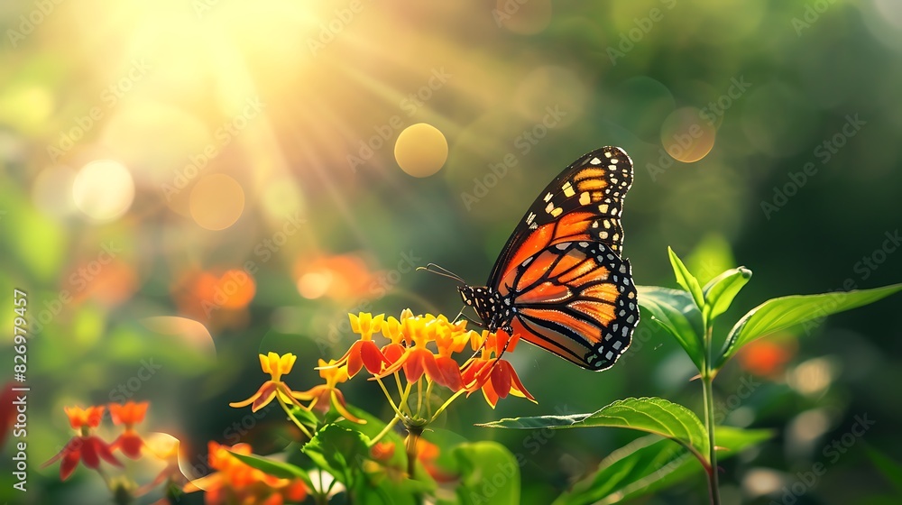 Capture the serene moment of a butterfly landing on a flower, its delicate wings and vibrant colors highlighted in the sunlight Capture the serene moment of a butterfly landing on a flower, its delicate wings and vibrant colors highlighted in the sunlight