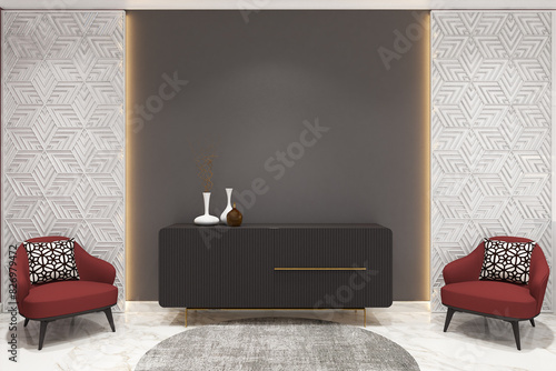 3d render of foyer with laser cut panel, credenza, armchairs. White marble floor, gray wall, white ceiling. Set 10