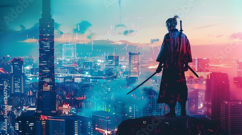 Cybersamurai standing on skyscraper close up, focus on, copy space bold colors, Double exposure silhouette with digital skyline photo