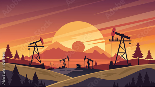 The peaceful stillness of a sunset disturbed only by the rhythmic pumping of oil from the derricks.. Vector illustration
