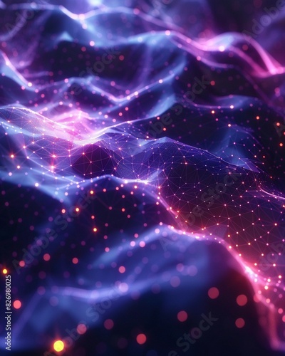 Neon glowing futuristic polygonal particles abstract hitech motion background