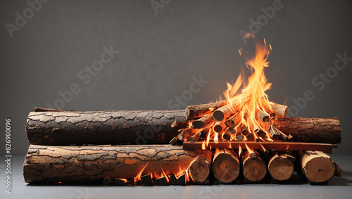 wood fire burning in a brick fireplace on grey background photo