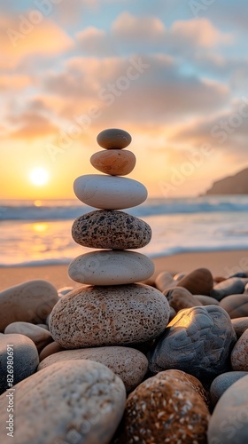 Balanced stack of rocks on the beach  representing tranquility  harmony and balance in life.