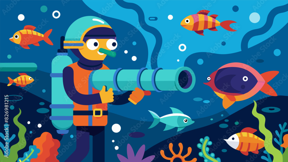 Against the backdrop of colorful marine life a diver conducts a thorough inspection of the underwater oil pipeline ensuring its longevity.. Vector illustration Against the backdrop of colorful marine life a diver conducts a thorough inspection of the underwater oil pipeline ensuring its longevity.. Vector illustration