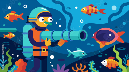 Against the backdrop of colorful marine life a diver conducts a thorough inspection of the underwater oil pipeline ensuring its longevity.. Vector illustration