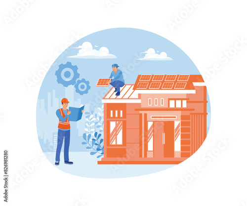Home maintenance. The repairman is replacing and installing house roofs. Home maintenance concept. Flat vector illustration.