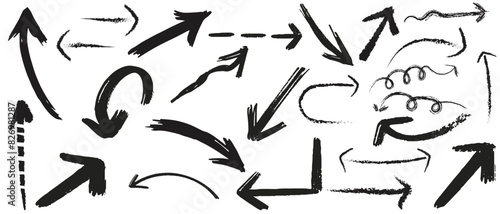 grunge arrow . Set of black hand drawn grunge doodle spiral and curved charcoal, chalk arrows on white background. Scribble symbols of direction pointers, swirl arrow elements for infographic design.