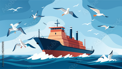 Seagulls flock around the colossal tanker their cries almost drowned out by the constant hum of the ships engines as it continues its journey through. Vector illustration