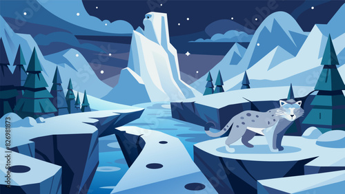 As you embark on a snowy VR landscape you must cross treacherous paths and climb icy cliffs to find a lost scroll accompanied by your trusty virtual. Vector illustration