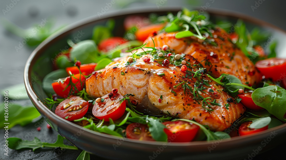 Grilled salmon fillets on a bed of fresh greens and cherry tomatoes, garnished with herbs and spices. Grilled salmon fillets on a bed of fresh greens and cherry tomatoes, garnished with herbs and spices.