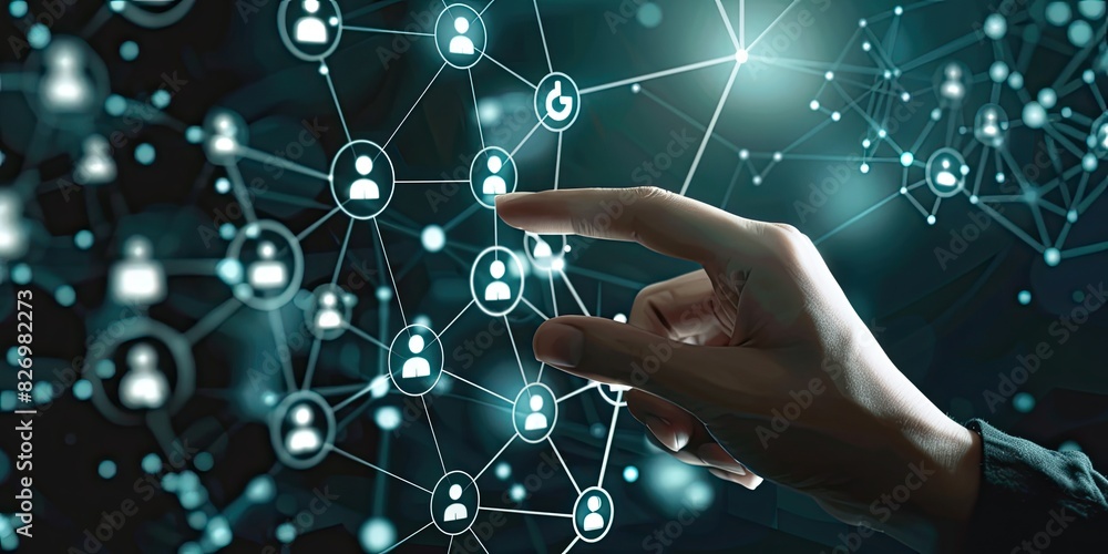 A hand touching a digital network with people icons on a transparent background, representing a social media concept for business and technology. A hand touching a digital network with people icons on a transparent background, representing a social media concept for business and technology.