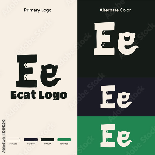 Logo illustration negative space cat letter E