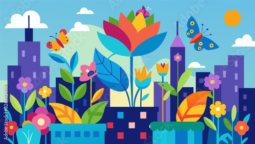 Bright multicolored flowers bloom on a city rooftop attracting butterflies and creating a miniature wildlife habitat.. Vector illustration