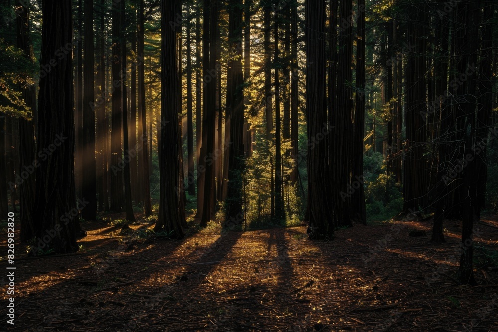 Sunlight filters through trees, creating beautiful forest landscape