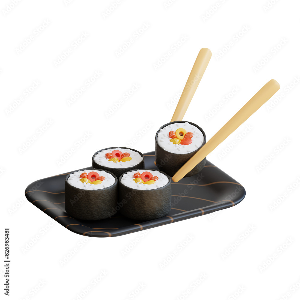 3d Chopsticks in sushi on a plate. Perfect for restaurant menus, food blogs, Asian cuisine illustrations, culinary design projects. 3d Chopsticks in sushi on a plate. Perfect for restaurant menus, food blogs, Asian cuisine illustrations, culinary design projects.