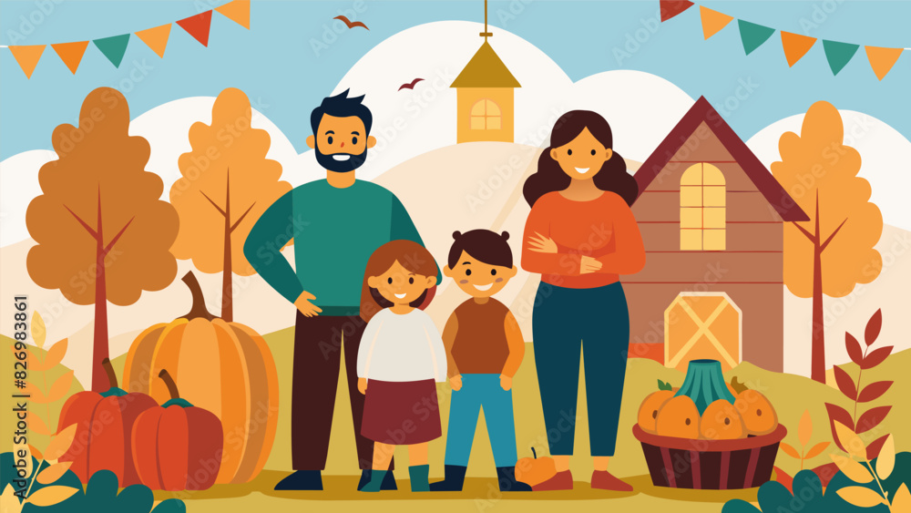 A family posing for a photo at the pumpkin patch set up at the church fall festival with colorful fall leaves and haystacks as a backdrop.. Vector illustration A family posing for a photo at the pumpkin patch set up at the church fall festival with colorful fall leaves and haystacks as a backdrop.. Vector illustration