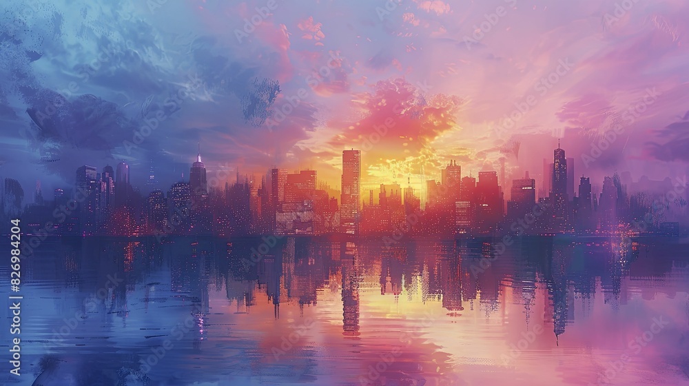 Naklejka premium colorful skyline, sunrise view with pastel tones, soft lighting, serene atmosphere
