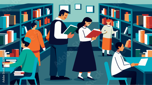 Members of the congregation browsing through the librarys collection on a quiet Sunday afternoon.. Vector illustration