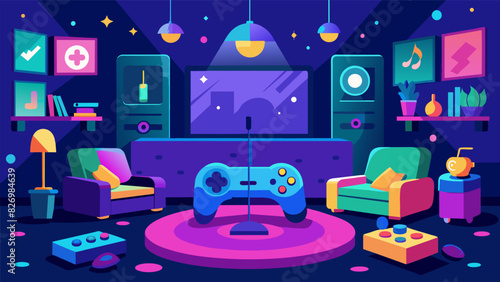 The living room is filled with an array of controller lights and game sound effects creating a vibrant and exciting atmosphere for the whole family.. Vector illustration