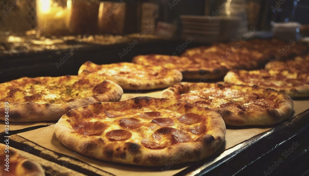 Pizza pies on display at a pizza shop Pizza pies on display at a pizza shop