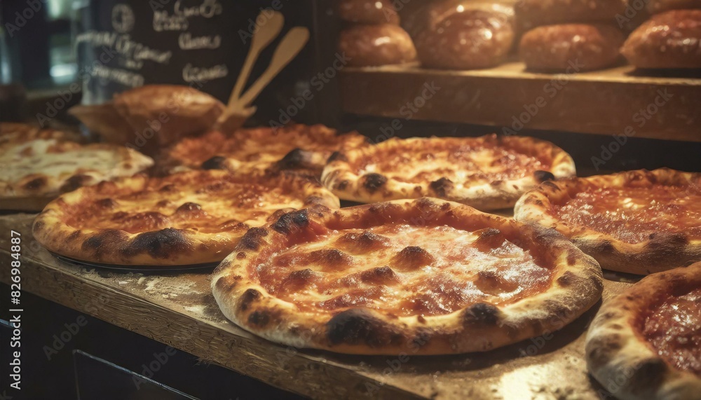 Pizza pies on display at a pizza shop Pizza pies on display at a pizza shop