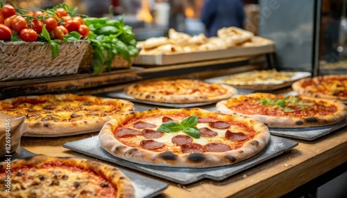 Pizza pies on display at a pizza shop