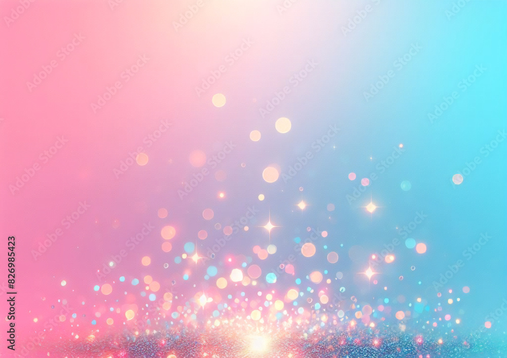 Fototapeta premium Rainbow unicorn pastel background with glitter stars. Pink fantasy sky. Holographic space with bokeh. Fairy iridescent gradient backdrop. Vector