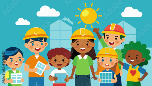 Children in brightly colored hard hats learning about solar energy from their parents and other community members eager to contribute to the community. Vector illustration