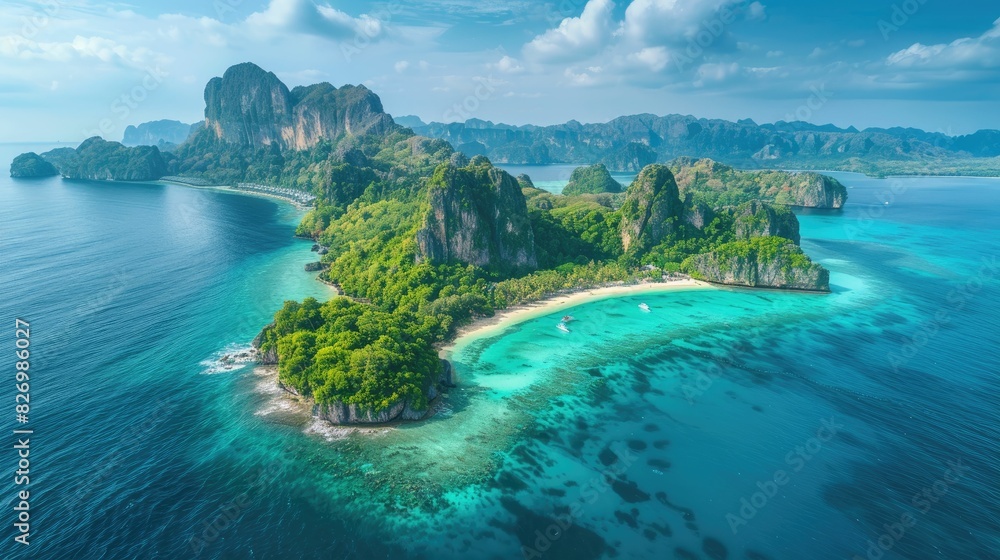 Fototapeta premium Tropical paradise with turquoise waters and lush islands