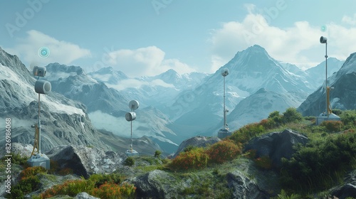 A tranquil mountain range dotted with AI-equipped weather stations providing real-time forecasts for hikers and climbers. 32k, full ultra HD, high resolution