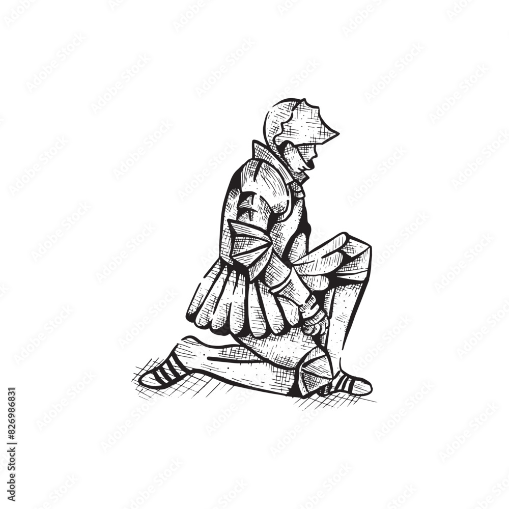 Obraz premium Hand drawn brave kneeling spartan army isolated on white background