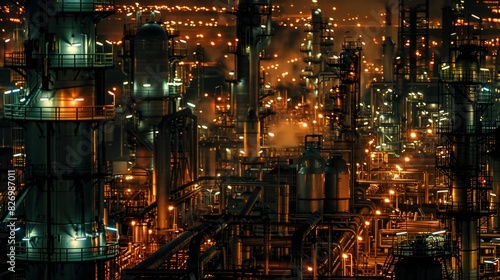 Pipes crisscross in every direction carrying the oil and various chemicals throughout the refinery. photo