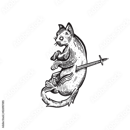 Vintage hand drawn cat pierced by a sword vector art illustration