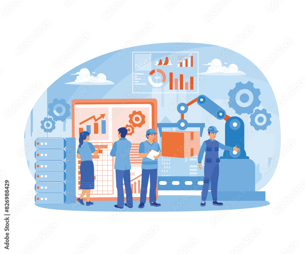 People work in a smart factory with wireless technology for control. Industry 4.0 with advanced technology. Smart industry concept. Flat vector illustration. People work in a smart factory with wireless technology for control. Industry 4.0 with advanced technology. Smart industry concept. Flat vector illustration.