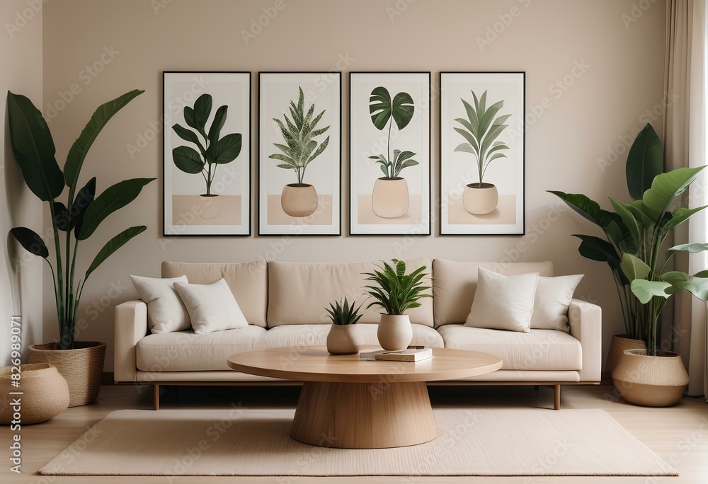 A modern, minimalist living room with a beige sofa, a wooden coffee table, and various decorative elements such as plants and wall art A modern, minimalist living room with a beige sofa, a wooden coffee table, and various decorative elements such as plants and wall art