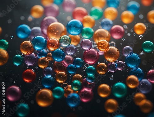Close-up of colorful plastic beads sinking in water. A little bit of air bubbles On a black background, light shines.