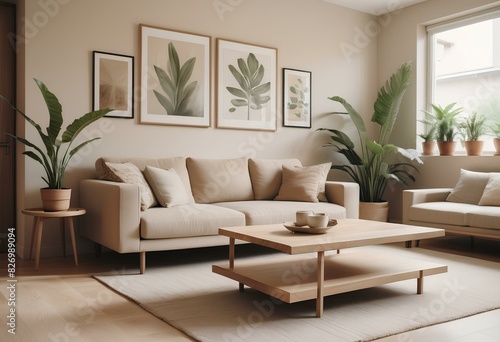 A modern, minimalist living room with a beige sofa, a wooden coffee table, and various decorative elements such as plants and wall art