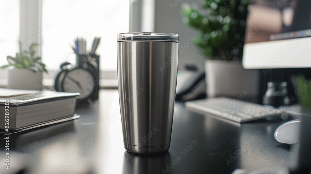 Sleek stainless tumbler placed on a table, Ai Generated Images Sleek stainless tumbler placed on a table, Ai Generated Images