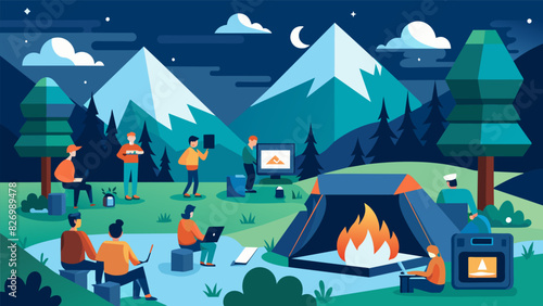 Screens off adventure on at Digital Detox Mountain Camp. With stunning views campers will go on nature hikes learn how to build a fire and appreciate. Vector illustration