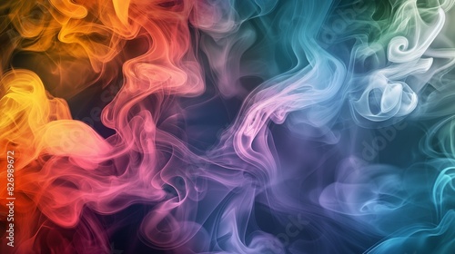 , dense tendrils of deep and dark smoke gracefully intertwine against a gradient backdrop, creating a mesmerizing blend of hues. Amidst this ethereal dance, vibrant abstract colors emerge, background 