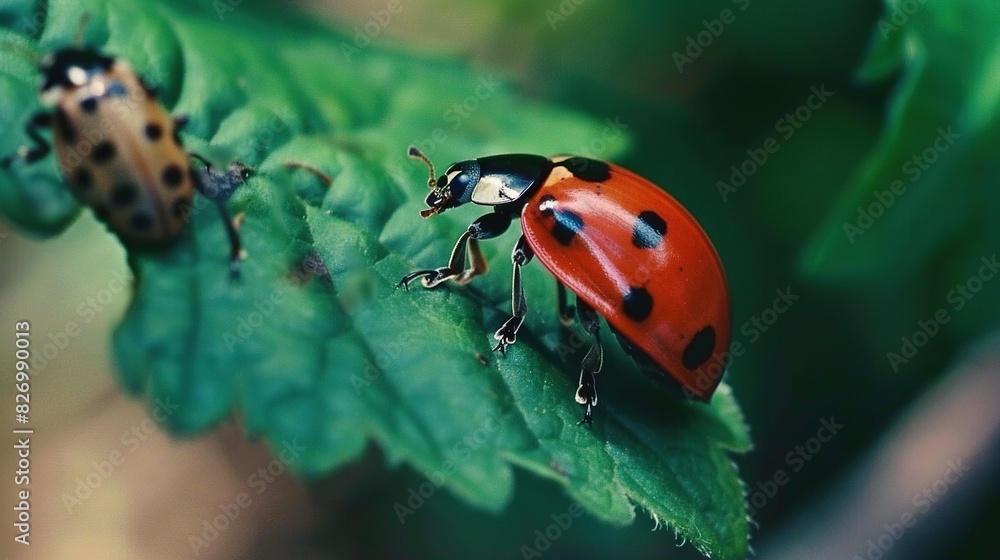 Two ladybugs rest atop a lush green leaf together Two ladybugs rest atop a lush green leaf together