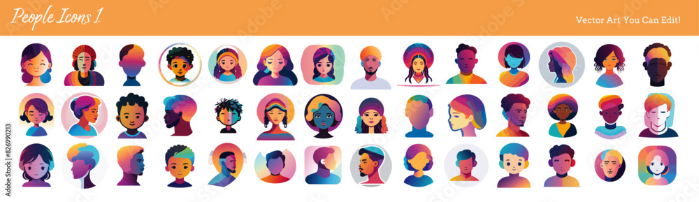 People icon. Colorful heads in cartoon and abstract styles. The sheet includes men, women, girls, and boys. Icons are editable vectors. People icon. Colorful heads in cartoon and abstract styles. The sheet includes men, women, girls, and boys. Icons are editable vectors.