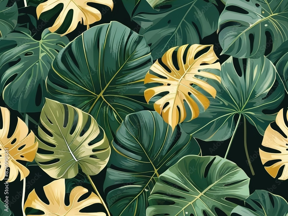 Seamless pattern Philodendron tree with green and gold leaves Beautiful nature. illustration