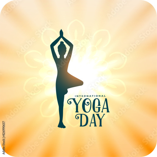 international yoga day morning sunrise poster, woman practicing yoga posture