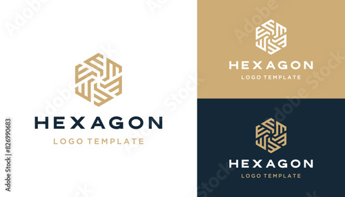 Rotating Initial Letter E M W with Golden Hexagon Shape Geometric Line Logo Design