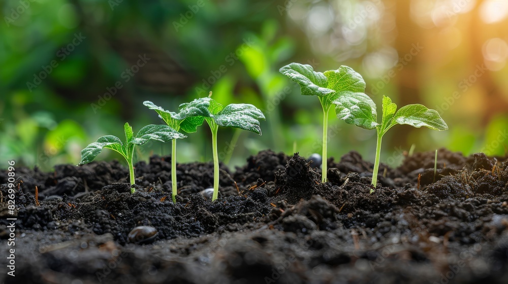 Background image of seedlings growing from fertile soil with morning sunshine Background image of seedlings growing from fertile soil with morning sunshine