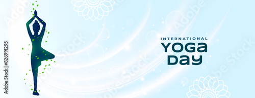 world yoga day banner woman in surya namaskar surrounded by leaves