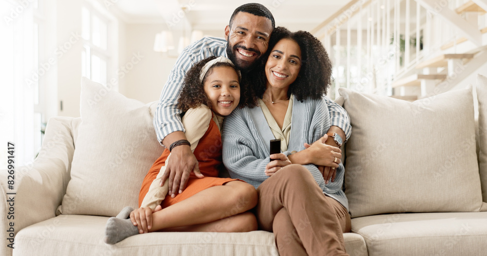 Mom, dad and girl on couch for portrait with love or care, relax and family bonding for memory or connection. Parents, child and together for comfort or safety on weekend, hug and happiness with kid. Mom, dad and girl on couch for portrait with love or care, relax and family bonding for memory or connection. Parents, child and together for comfort or safety on weekend, hug and happiness with kid.