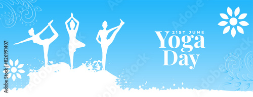 21st june world yoga day grungy banner woman in different asana