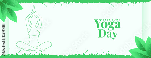 international yoga day poster lineart woman in asana with green leaves